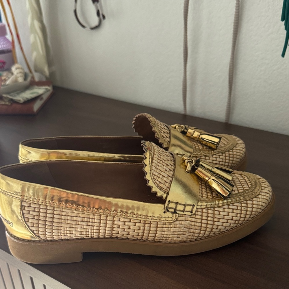 Tory Burch Gold Woven Tassel Loafers